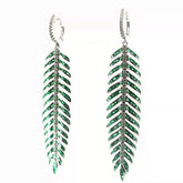 18k White Gold 4.00ct Baguette Shape AAA Emerald / 1.00ct F VS2 Round Diamond Feather Drop Earrings 3" Long