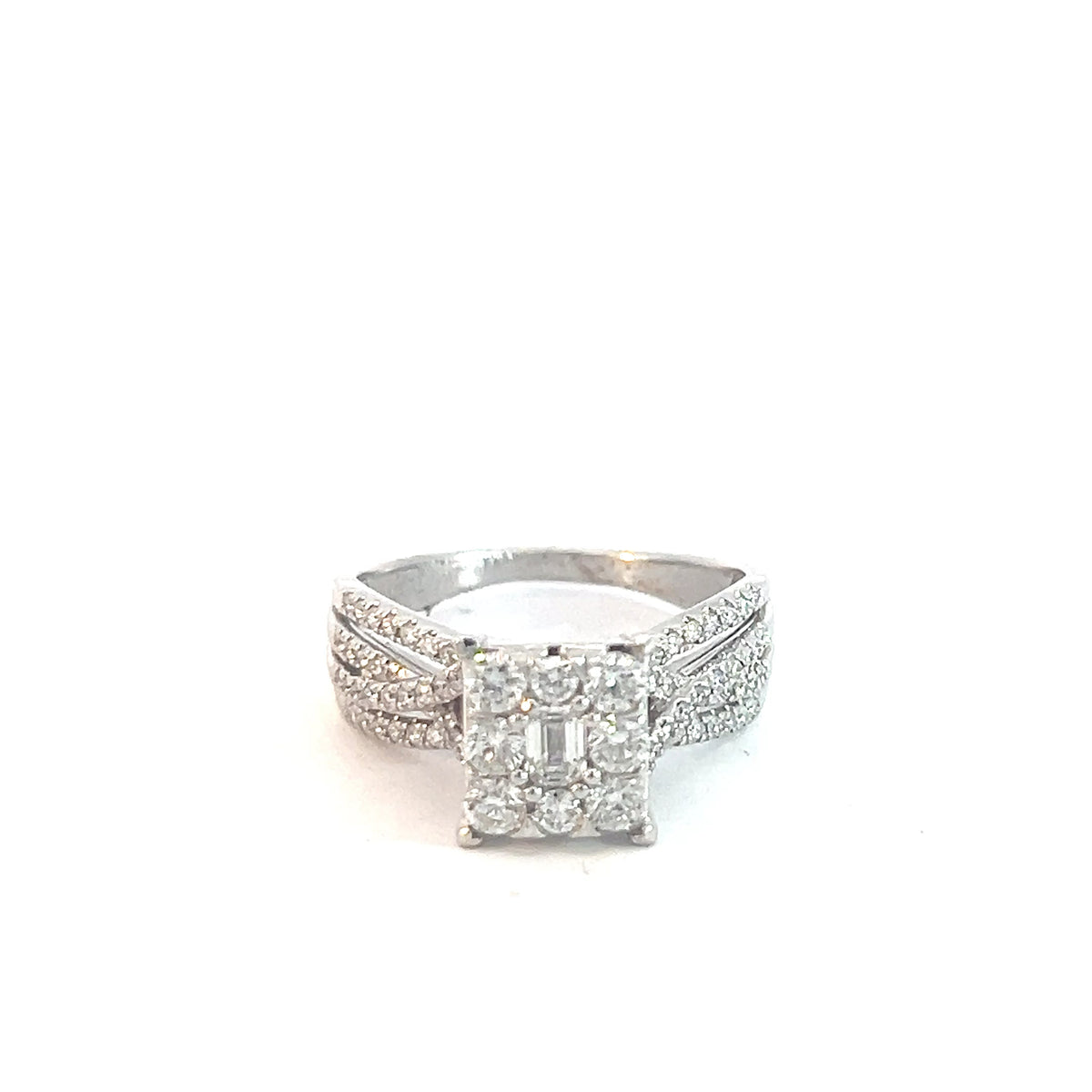14k White Gold 1ct E VS2 Round Diamond Halo and Shank /.35ct E VS2 Emerald Cut Center Diamond Engagement Ring
