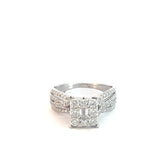 14k White Gold 1ct E VS2 Round Diamond Halo and Shank /.35ct E VS2 Emerald Cut Center Diamond Engagement Ring
