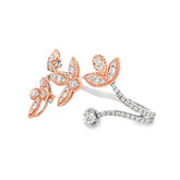 14k Rose and White Gold .75ct F VS2 Round Diamond 2 Finger Open Flower Leaf Ring