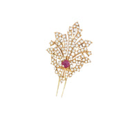 18k Yellow Gold 5.70ct E VS2 Round Diamond and .95ct Round Burma Ruby Brooch