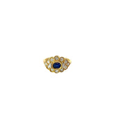 18k Yellow Gold Vintage 1.00ct F VS2 Radiant and Round Diamond /.70ct Oval Blue Sapphire Ring