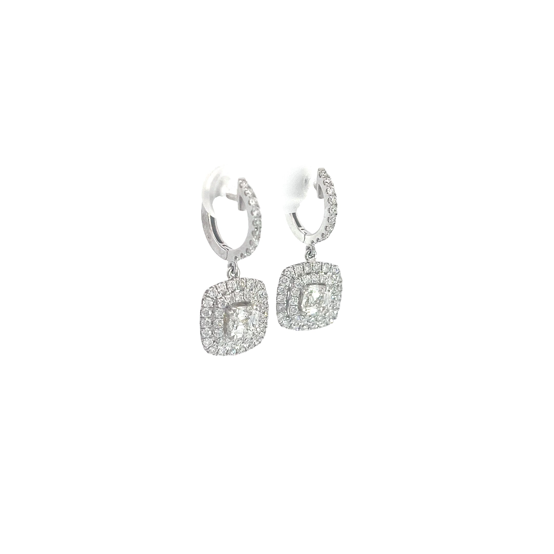 18K WHITE GOLD 1.43CT CUSHION CUT AND 1.50CT ROUND G VS2 PAVE SET DROP EARRINGS