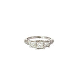 14K WHITE GOLD 1CT PRINCESS CUT PAST, PRESENT AND FUTURE 3 STONES WITH HALO AND PAVE SHANK RING
