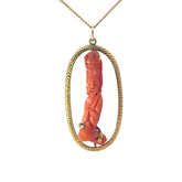 18k Yellow Gold VINTAGE RED CARVED CORAL BROOCH PIN AND PENDANT
