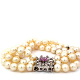 18k White Gold (3) Strand (72) Salt Water Pearls/.25ct Round Ruby Lock Bracelet