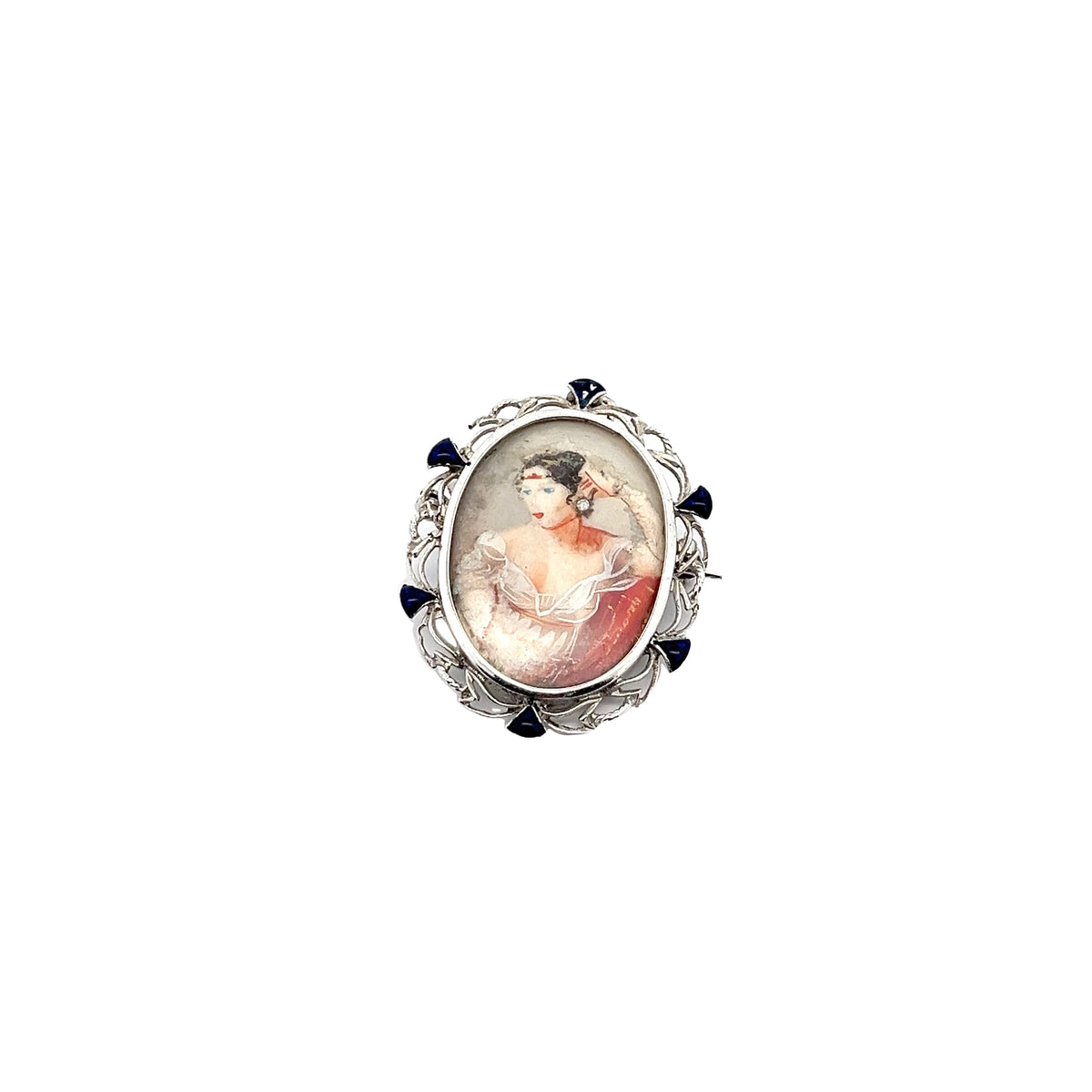18k White Gold Vintage Hand Painted Cameo