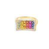 14k Yellow Gold 2.00ct Princess Cut Multicolored Invisible Set Sapphire /.35ct G VS2 Round Diamond Ring