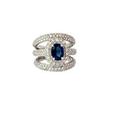 18k White Gold 1.37ct Oval AA Blue Sapphire and surround by pave set 1.37ct G SI1 Round Diamond Ring