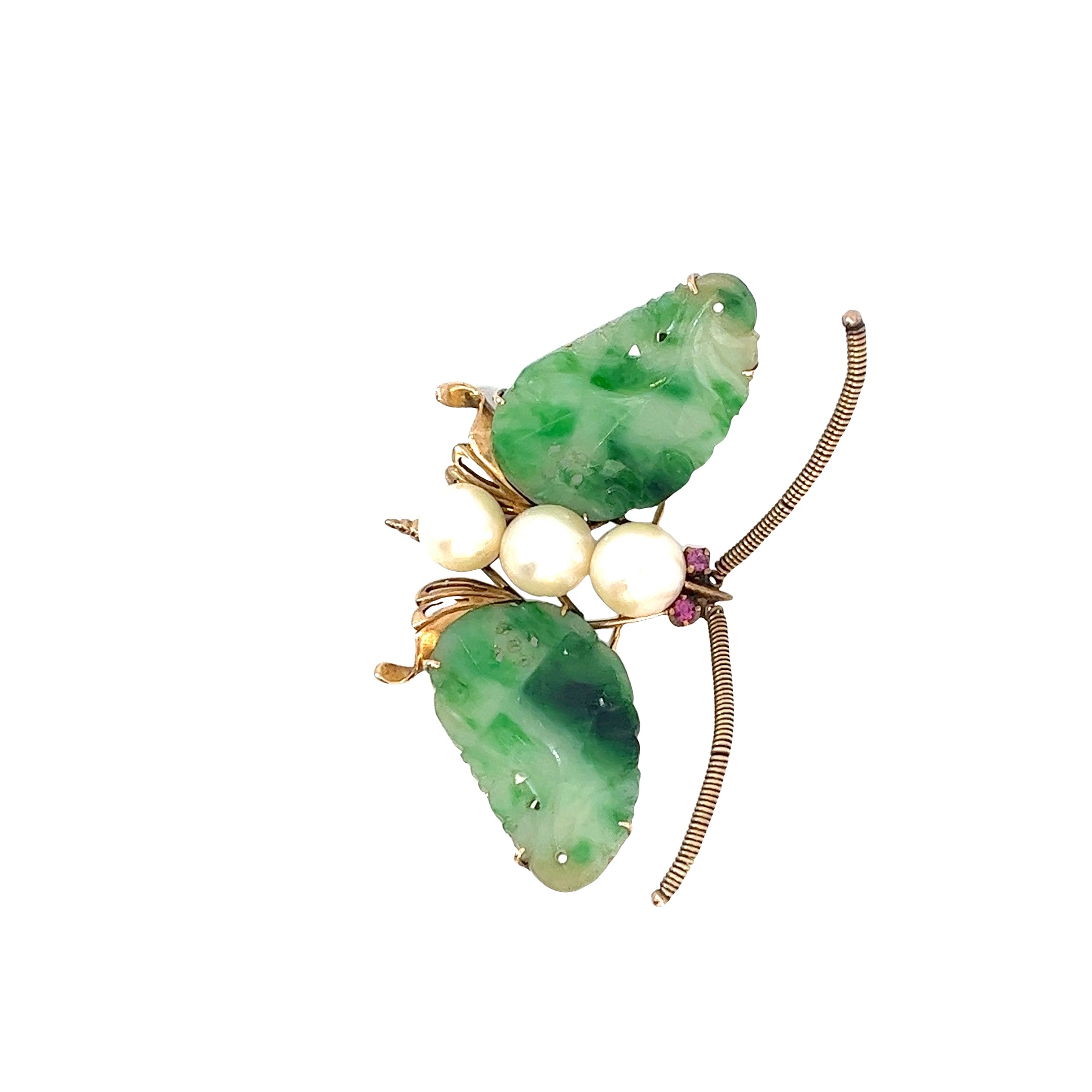 14K  YELLOW GOLD 3 PEARLS, RUBY EYE AND CARVED JADE "FEI CUI" TRANSLUCENT , COLOR MOTTLED GREEN , SPECIES : JADEITE JADE AND TYPE  A AND 10.71 GRAMS