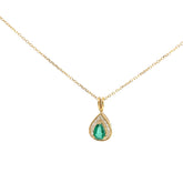 14k Yellow Gold .50ct Pear Shape Colombian Emerald /.20ct G VS2 Round Diamond Two Channel Setting Necklace 16"inch