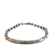 Sterling Silver 16.4 Gram (11) Round Cubic Zirconium on a Bar Beaded Men Bracelet