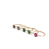 14K Gold 2mm Flower Stackable Ring with .15CT Emeralds, Sapphires or Rubies with a center .03CT Diamond