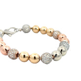 14k Tri-Color 3.00ct Total Weight of G VS2 Diamond 8mm White Pave Round/ White and Yellow Gold Beaded and White Gold Diamond Clasp Bracelet