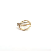 14k Yellow Gold .25ct G SI1 Center Round Diamond/ along the side .30ct G SI1 Round Diamond Bamboo Criss/Cross Ring