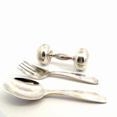Pre-Loved Vintage Tiffany & Co. Baby Spoon 26.4 gram 4"inch, Fork 21.3 gram 4"inch and Rattle 31.2 gram 2 1/2"inch Set