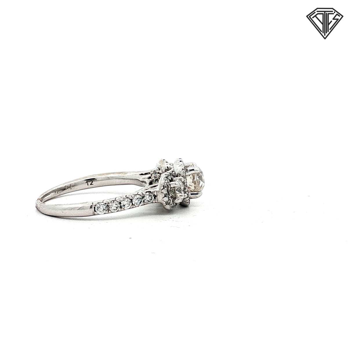 14k White Gold 1.00ct F SI1 Round Old European Cut Diamond and .50ct F SI1 Round Diamond Past, Present and Future Engagement Ring Size 7