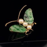 14K YELLOW GOLD 3 PEARLS, RUBY EYE AND CARVED JADE "FEI CUI" TRANSLUCENT BUTTERFLY , COLOR MOTTLED GREEN , SPECIES : JADEITE JADE AND TYPE A AND 10.71 GRAMS