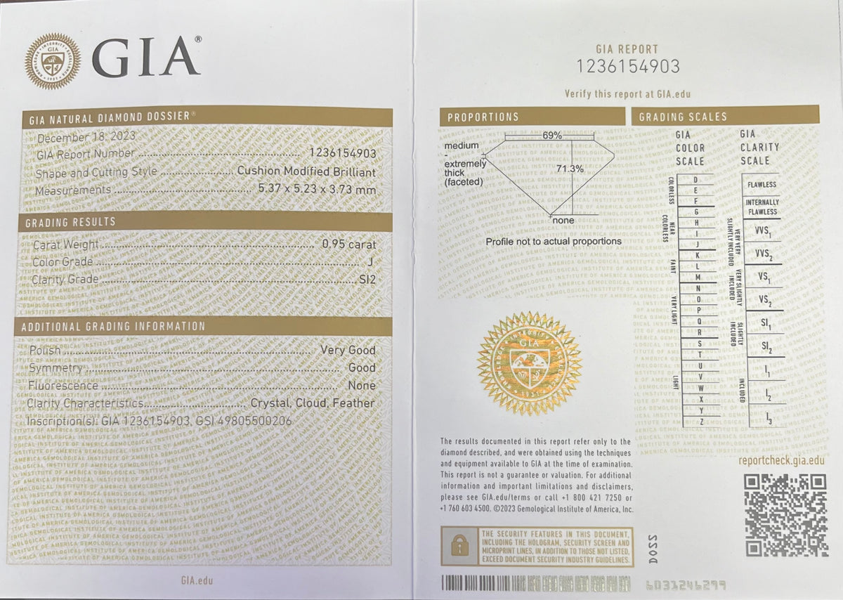 0.95ct J SI1 Cushion Loose Diamond Certified by GIA #1236154903