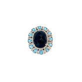 18k White Gold 18.00ct Oval shaped Onyx/ 3.00ct Pear Shaped Blue Topaz and .75ct G VS1 Round Diamond Ring