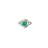 18k White Gold 1.00ct F VS2 Round Diamond and .95ct Radiant Shape Columbian Emerald Ring
