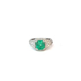 18k White Gold 2.70ct Emerald Cut Shaped Columbian Emerald and .90ct G VS2 Round Diamond Ring