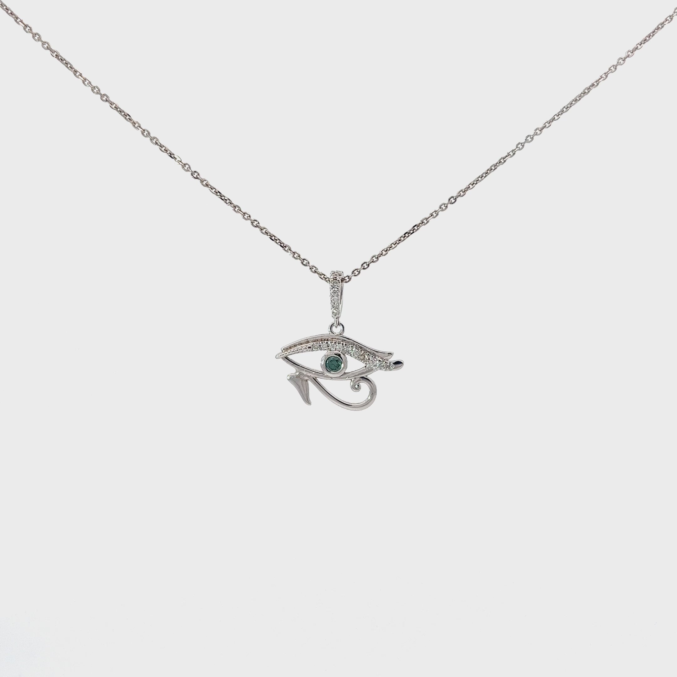 14k White Gold .20ct G SI1 Round Diamond and .20ct Round Blue Diamond Evil Eye Necklace