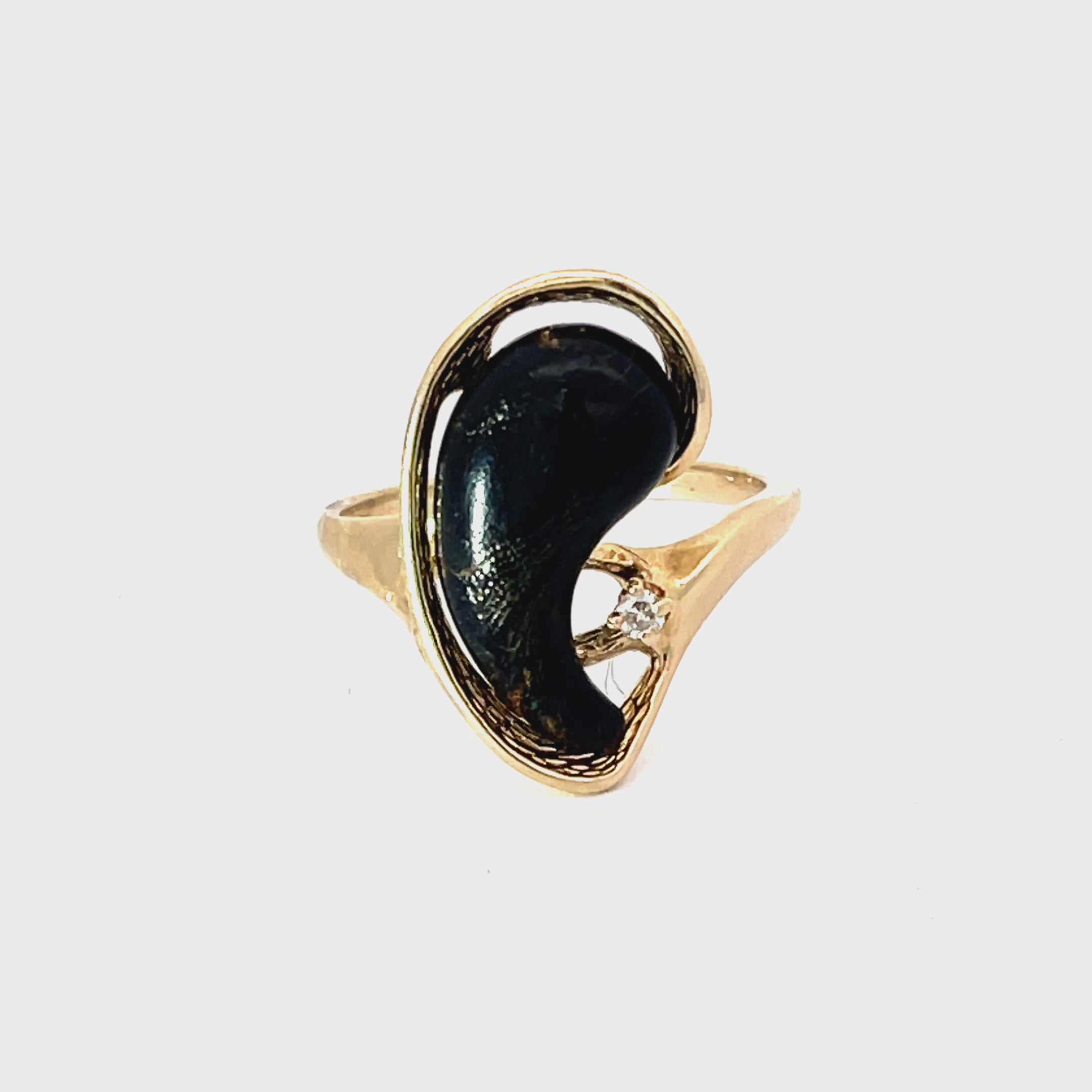 14k Yellow Gold Vintage Bean Shaped Fossilized Ring with .03ct G SI1 Round Diamond