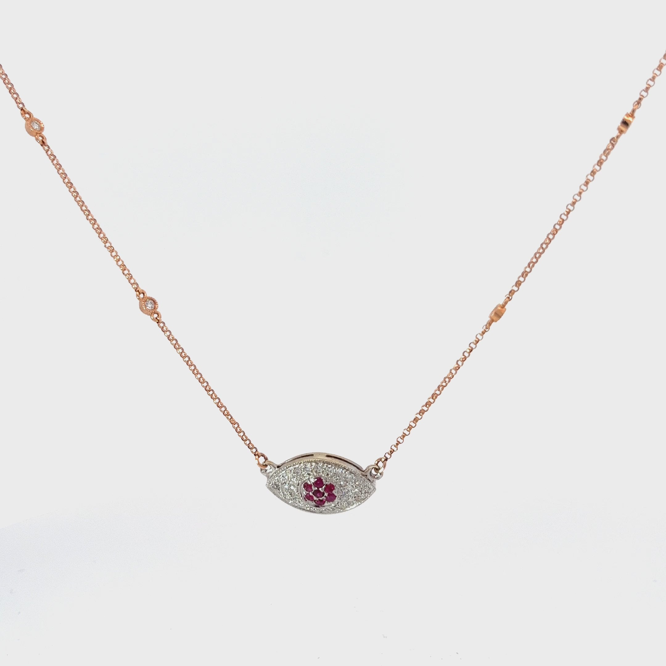14k Two Tone Gold .45ct G SI1 Round Diamond and Ruby Evil Eye Necklace