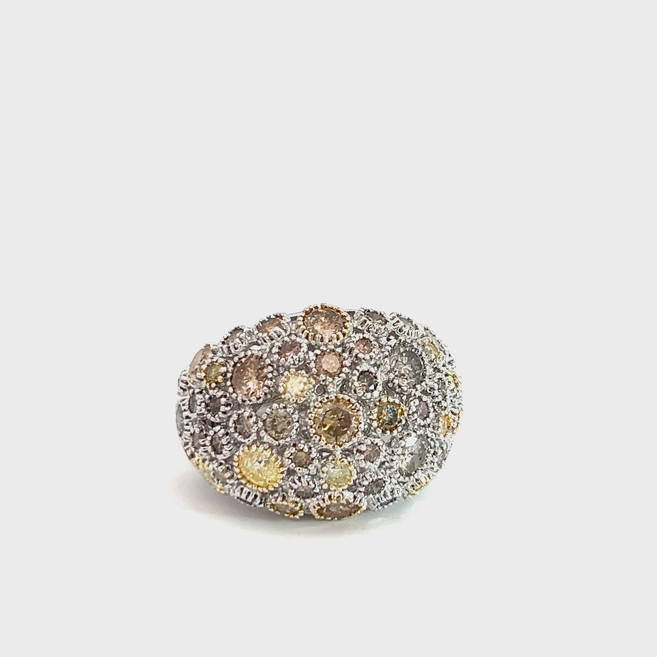 18k White Gold 5.08ct Round Natural Multi Color Diamond Milligan Set Domed Ring 14.6 Gram
