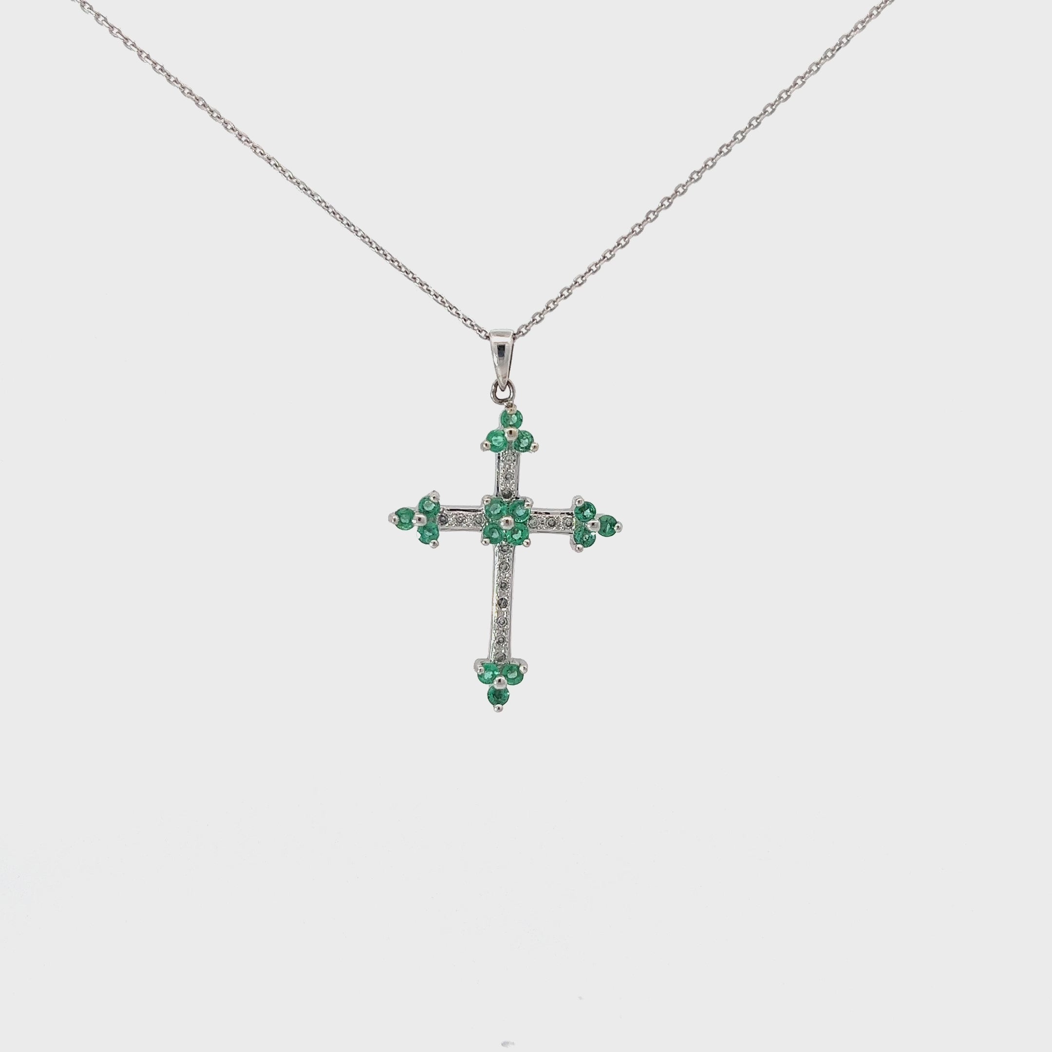 14k White Gold .40ct G SI1 Diamond and .15ct Emerald Cross Necklace