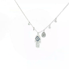 14k White Gold .50ct G VS2 Round Diamond and Round Blue Sapphire Khamsa Evil Eye Diamond Necklace