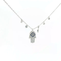 14k White Gold .50ct G VS2 Round Diamond and Round Blue Sapphire Khamsa Evil Eye Diamond Necklace