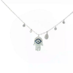 14k White Gold .50ct G VS2 Round Diamond and Round Blue Sapphire Khamsa Evil Eye Diamond Necklace