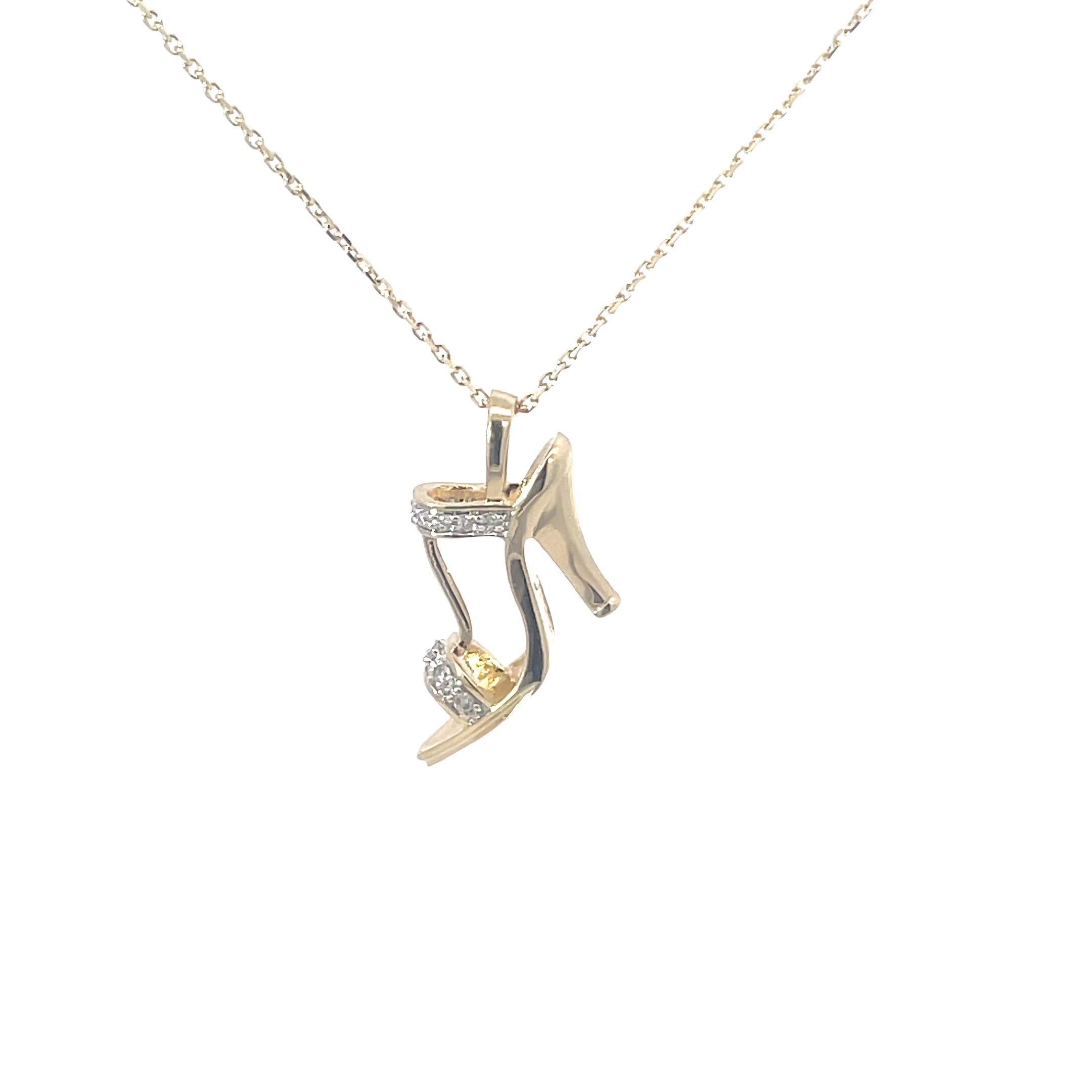 14k Yellow Gold  .10ct G SI1 Round Diamond Stiletto Strap Heel  5.2 Gram Pendant