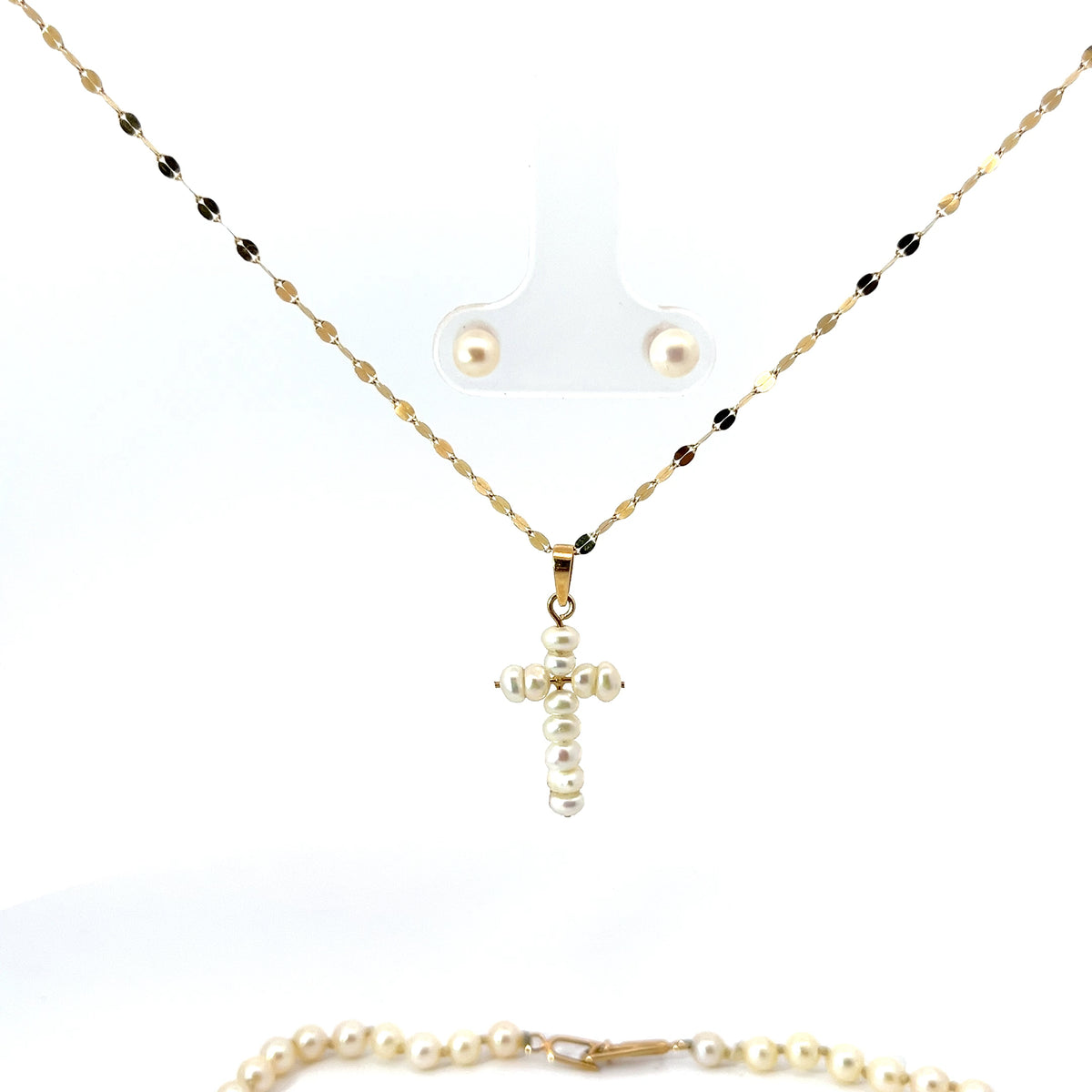 14k Yellow Gold Pearl Necklace with Pearl Cross 16" with Pearl Bracelet and Earrings 4mm Baby Set