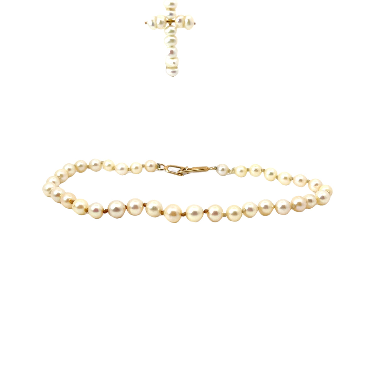 14k Yellow Gold Pearl Necklace with Pearl Cross 16" with Pearl Bracelet and Earrings 4mm Baby Set
