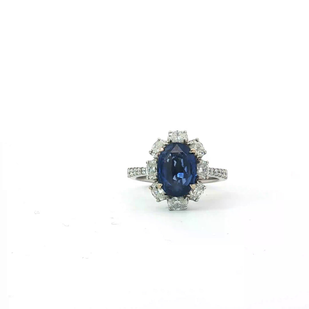 18k White Gold 3.87ct Oval Blue Sapphire Sir Lanka with Set in Oval 1.03ct F VS2 Total Weight Diamond Halo /.20ct F VS2 Round Diamond on Shank Ring  Certified By GIA # 6237650294