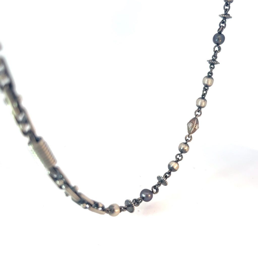Sterling Silver 45.3 gram Vintage Beaded Necklace with Cubic Zirconium Stone