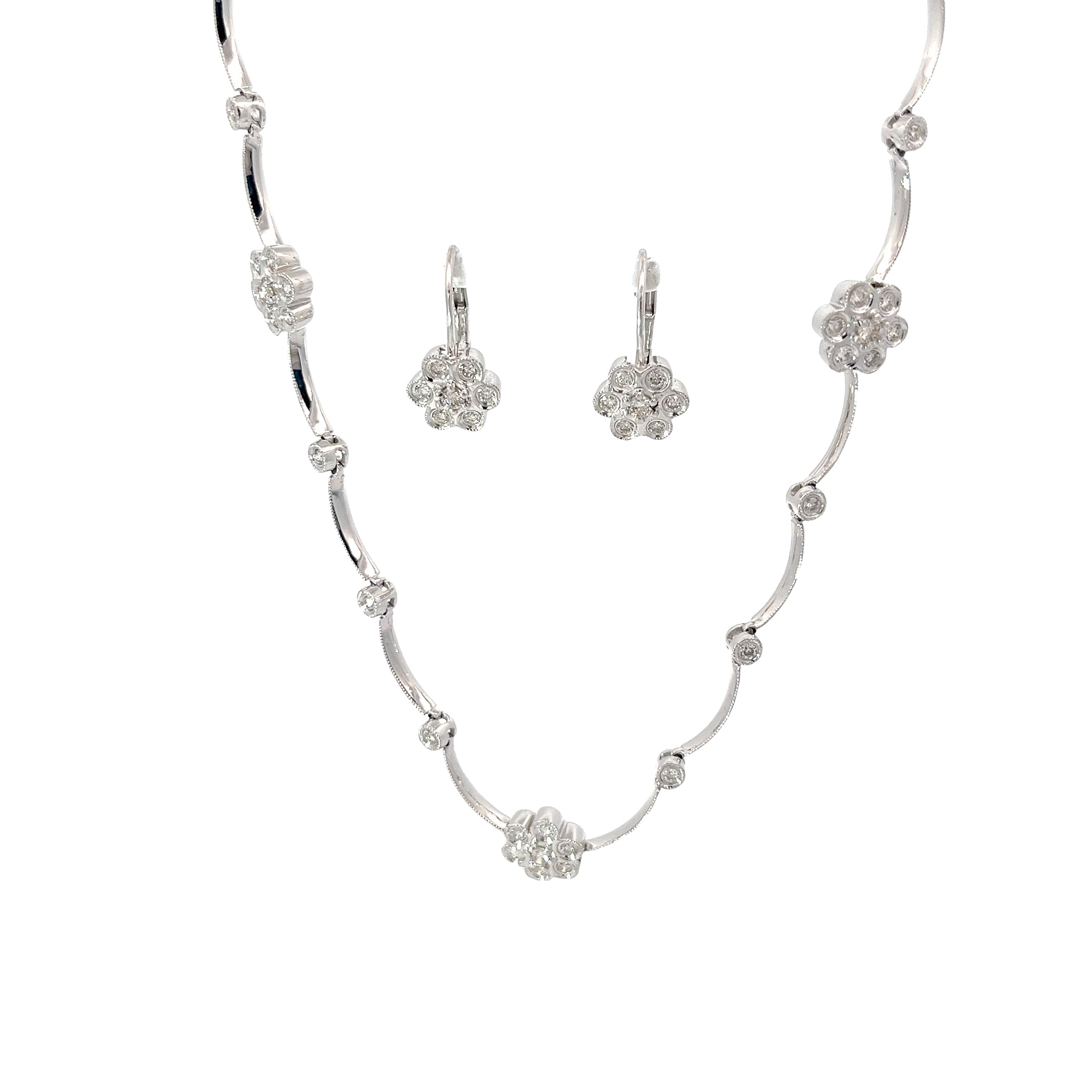 14k White Gold 1.00ct G VS2 Round Diamond Flower Necklace and Earring Set
