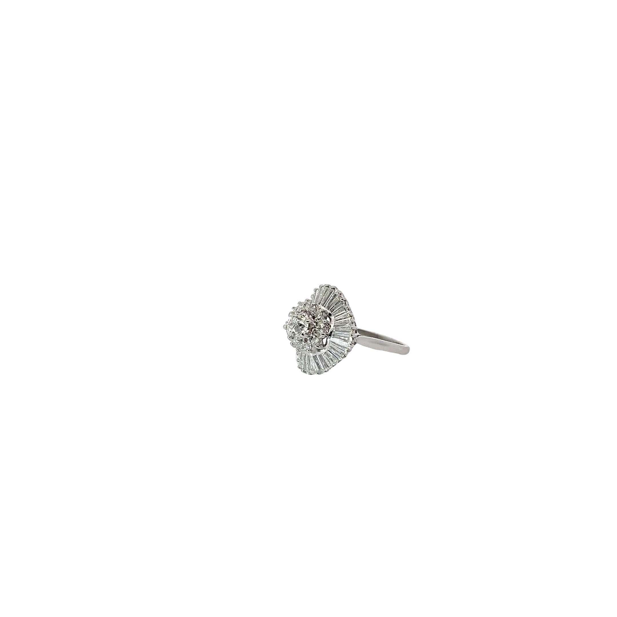 Platinum .50ct Center stone and 1.50ct surrounded E VS2 Baguette and Round Total Weight of diamond  Ballerina Fashion ring