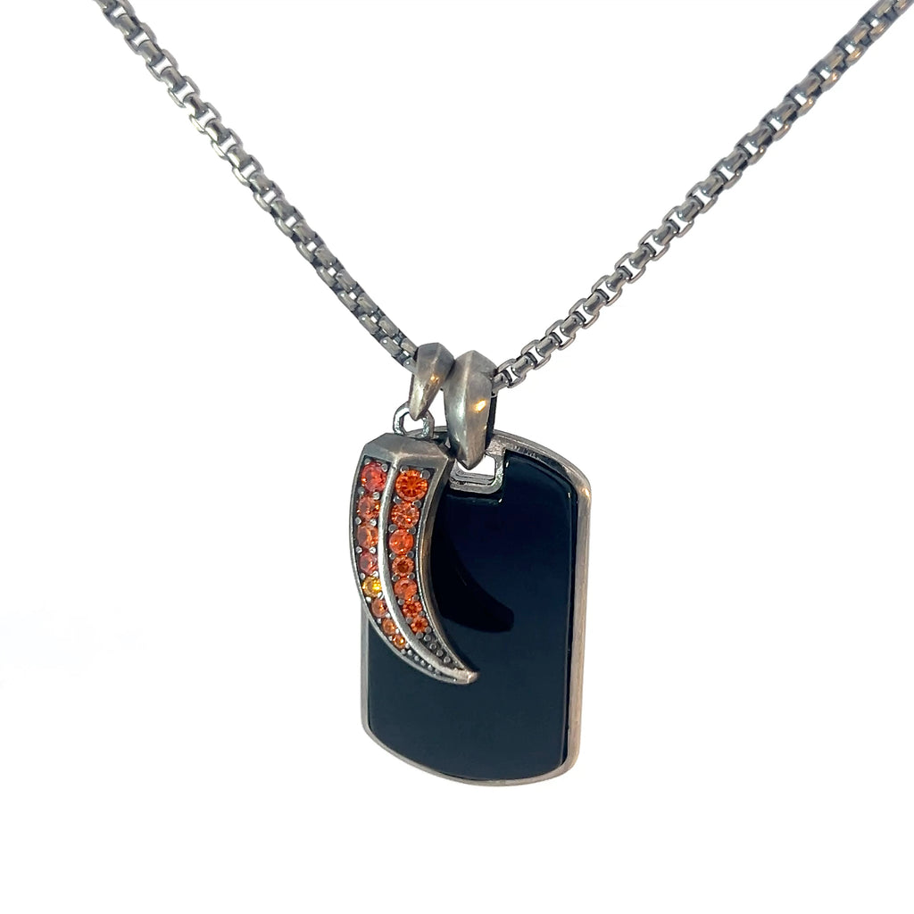 Sterling Silver 24.6 gram Necklace/ Dog Tag with Black Onyx and Italian Horn with Orange Cubic Zirconium Stone Pendant