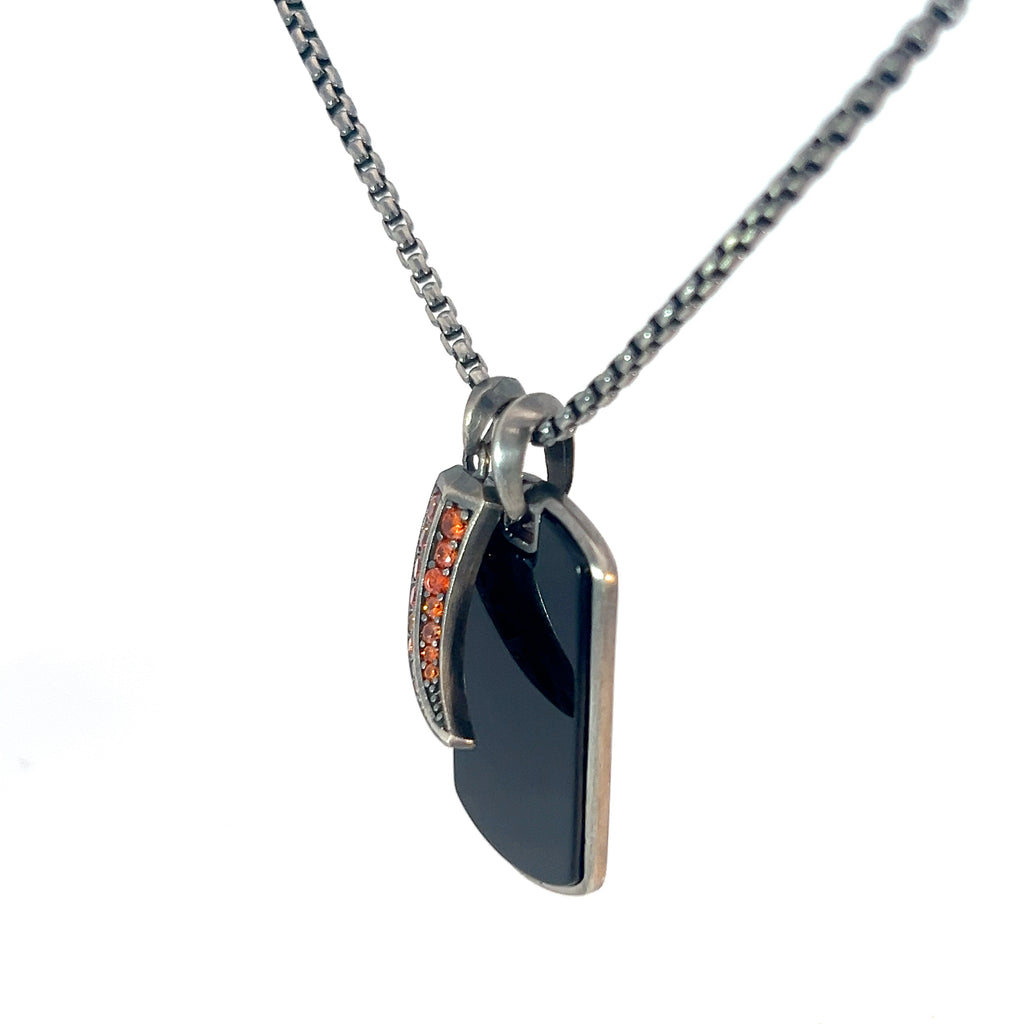 Sterling Silver 24.6 gram Necklace/ Dog Tag with Black Onyx and Italian Horn with Orange Cubic Zirconium Stone Pendant