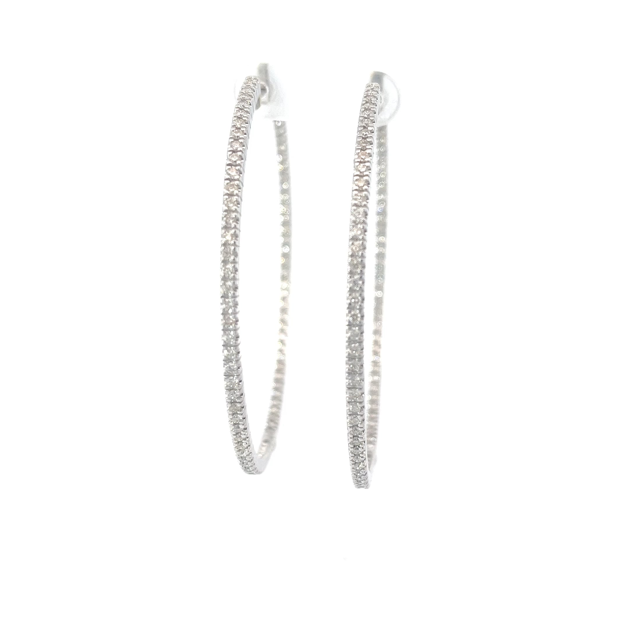 14k White Gold 2.58ct H VS2 Round Diamond inside/out Hoop Earrings 3"inch