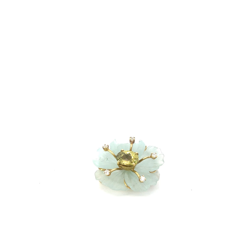 18k Yellow Gold .20ct F VS2 Round Diamond/ Oval Peridot  Carved Aqua Flower Pin/Pendant 1 1/4 x 1 1/4