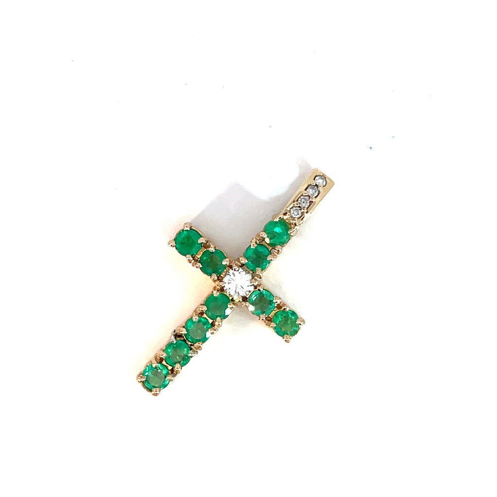 14k Yellow Gold 3.00ct Round Colombian Emerald/.50ct Round Diamond Cross 1 3/4"x1"