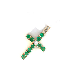 14k Yellow Gold 3.00ct Round Colombian Emerald/.50ct Round Diamond Cross 1 3/4"x1"