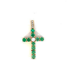 14k Yellow Gold 3.00ct Round Colombian Emerald/.50ct Round Diamond Cross 1 3/4"x1"