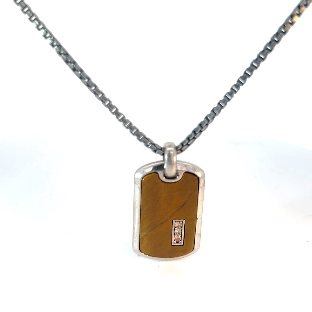 Sterling Silver 27.3 gram Necklace / Dog Tag Brown Enamel with Chocolate Cubic Zirconium Pendant