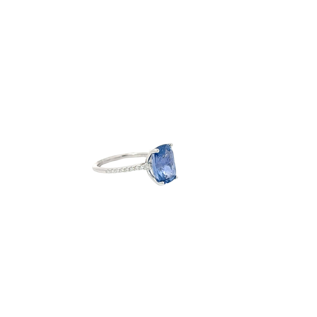 14k White Gold 4.67ct Ceylon Sapphire Cushion / .10ct G VS2 Round Diamond Solitaire Ring